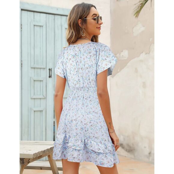 Fancyinn Womens Floral Prints Tie Front Mini Dress Short Sleeves Plunging Neck - Picture 3 of 15